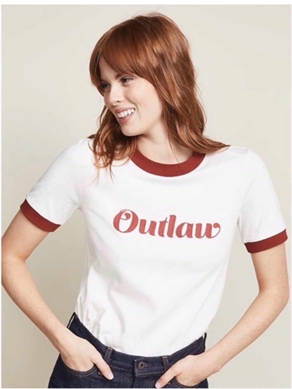 Veronica Beard Outlaw Graphic Ringer Tee - White with Rust Red Trim